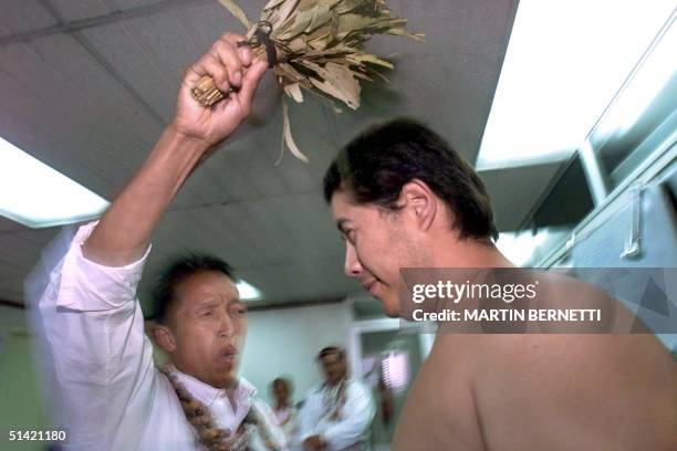 Shaman does a purification with medicinal plantson a journalist, during an exhibition in Quito, 31 October 2000.AFP PHOTO/Martin BERNETTI Un chaman...