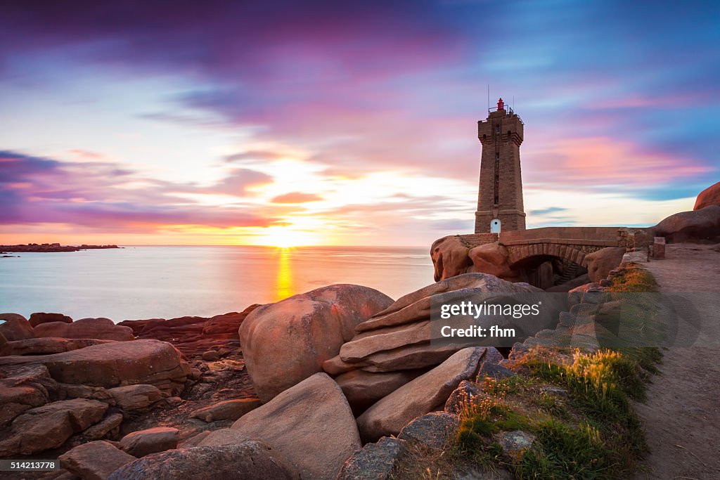 Nice sunset at lighthouse Ploumanac’h, Pink Granit Coast, Bretagne