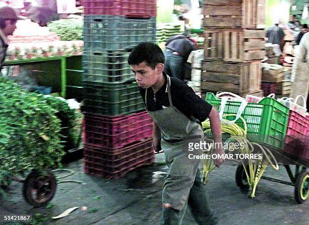 Amador pulls a cart in Mexico City's central market in the early hours of the morning 18 October, 2000. Some 17 million children in Latin America...