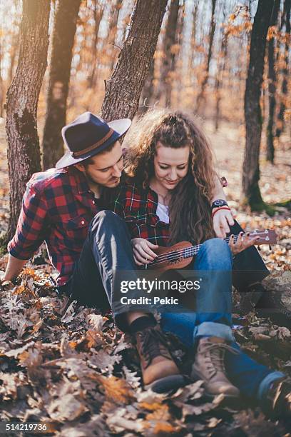 paar genießen sie natur und ukulele spielt - ukulele stock-fotos und bilder