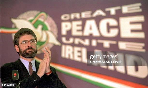 Sinn Fein leader Gerry Adams acknowledges a standing ovation from delegates following his address at the Sinn Fein party conference in Dublin 25...