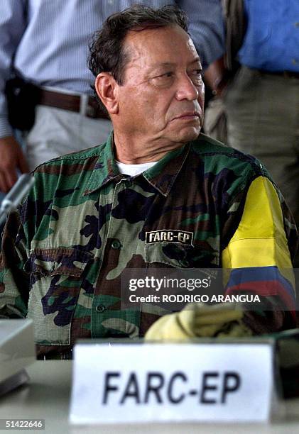 The septuagenarian leader of the Revolutionary Armed Forces of Colombia , Manuel "Sureshot" Marulanda, during the beginning of a meeting with 25...