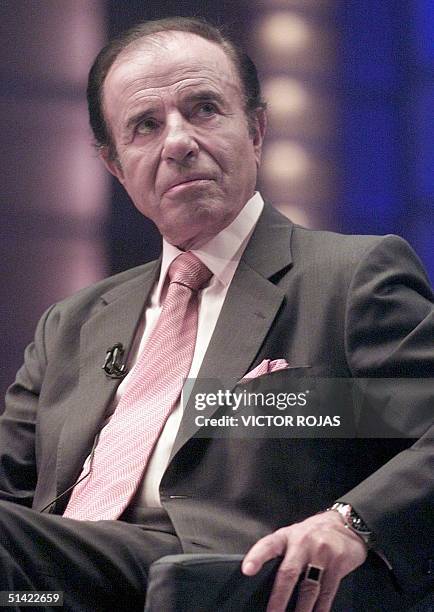 Former Argentine President Carlos Menem takes part in a television show in Santiago, Chile, 21 March 2001, where he confirmed his upcoming wedding...