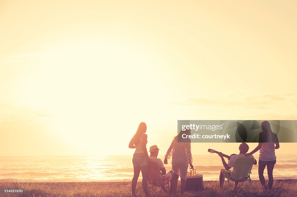 Grupo de amigos de relajación en la playa.