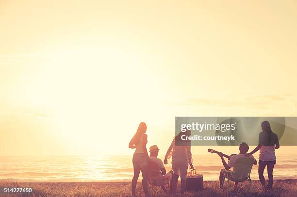 grupo de amigos, relaxar na praia. - friends sunset imagens e fotografias de stock