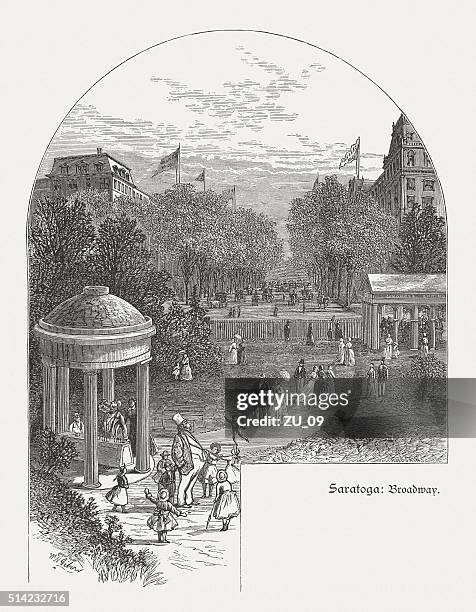 saratoga springs im bundesstaat neu york, usa, holz-gravur, veröffentlichte im 1880 - saratoga springs stock-grafiken, -clipart, -cartoons und -symbole