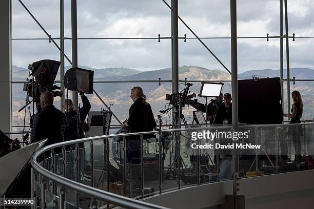 Television news crews set up inside in the Air Force One Pavilion to report of the passing of former First Lady Nancy Reagan at the Ronald Reagan...