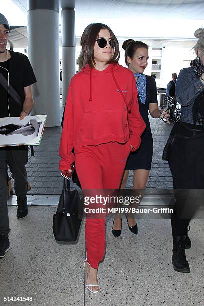 Selena Gomez seen at LAX International Airport on March 07, 2016 in Los Angeles, California.