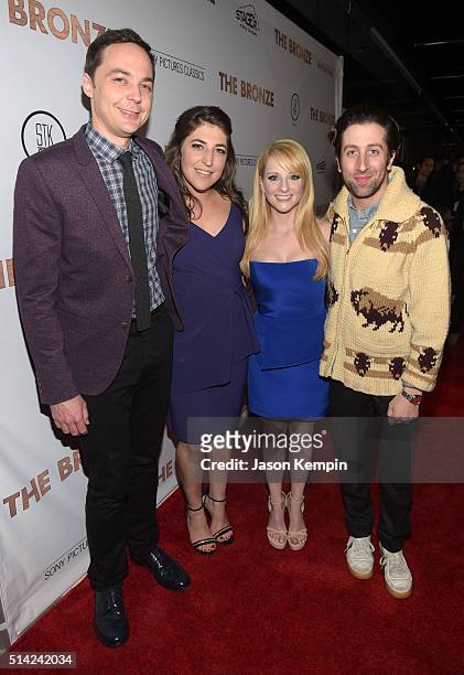 Actors Jim Parsons, Mayim Bialik, writer/actress Melissa Rauch and actor Simon Helberg attend the premiere of Sony Pictures Classics' "The Bronze" at...