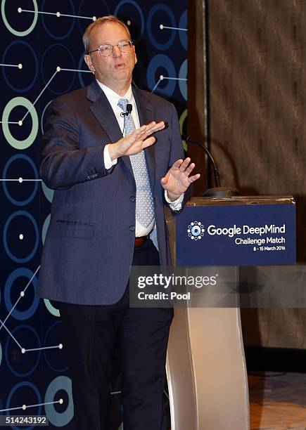 Google CEO Eric Schmidt speaks during a press conference on March 8, 2016 in Seoul, South Korea. Lee Se-dol is set to play a five-game match against...