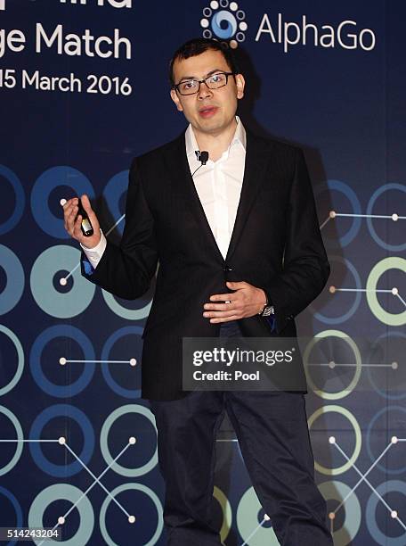 Demis Hassabis, CEO of Google's artificial intelligence startup DeepMind, speaks during a press conference on March 8, 2016 in Seoul, South Korea....