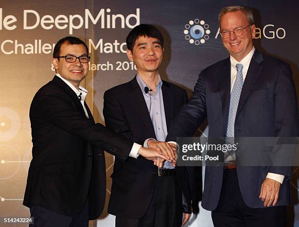 Demis Hassabis, CEO of Google's artificial intelligence startup DeepMind, South Korean professional Go player Lee Se-dol and Google CEO Eric Schmidt...