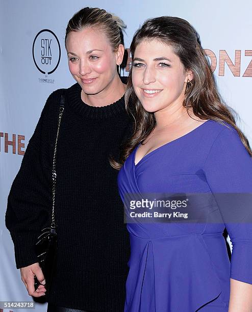 Actresses Kaley Cuoco and Mayim Bialik attend the Premiere of Sony Pictures Classics' 'The Bronze' at SilverScreen Theater at the Pacific Design...