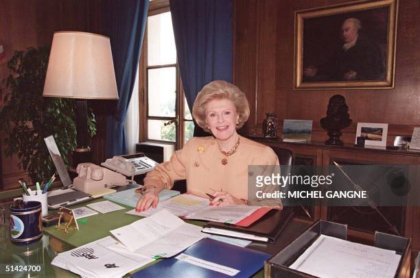 Ambassador to France Pamela Harriman poses at her desk in her office in Paris July 07. Harriman died Februar 05 1997 after suffering a stroke.