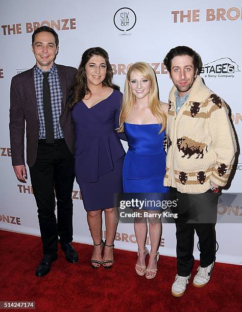 Actor Jim Parsons, actress Mayim Bialik, actress Melissa Rauch and actor Simon Helberg attend the Premiere of Sony Pictures Classics' 'The Bronze' at...