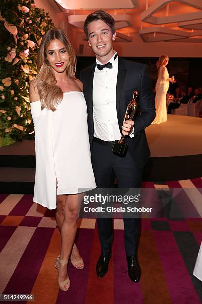 Ann-Kathrin Broemmel and Patrick Schwarzenegger with award during the PEOPLE Style Awards at Hotel Vier Jahreszeiten on March 7, 2016 in Munich,...