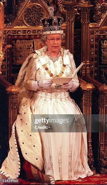 The Queen makes her speech in the House of Lords at the State Opening of Parliament 14 May 1997.