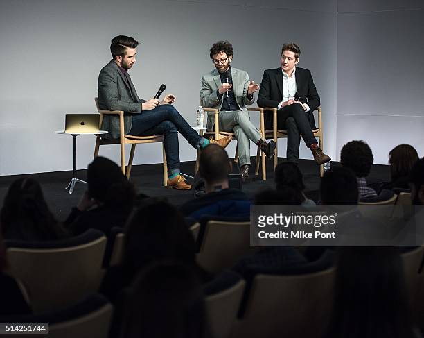 Moderator Jeremy Parsons, and directors Charlie Kaufman, and Duke Johnson attend the Apple Store Soho Presents Meet The Filmmaker: Charlie Kaufman...