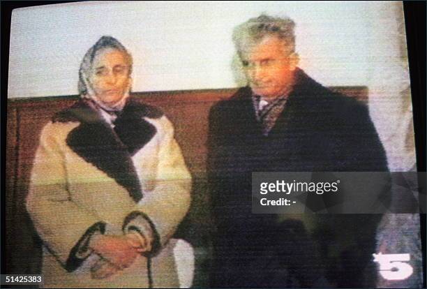 Elena Ceaucescu and her husband ousted Romanian party's general secretary and President Nicolae Ceaucescu's face TV camera 25 December 1989 in...