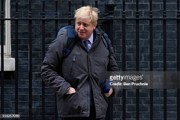 London Mayor Boris Johnson departs Number 10 Downing Street after attending a cabinet meeting on March 8, 2016 in London, England. The Mayor, who is...