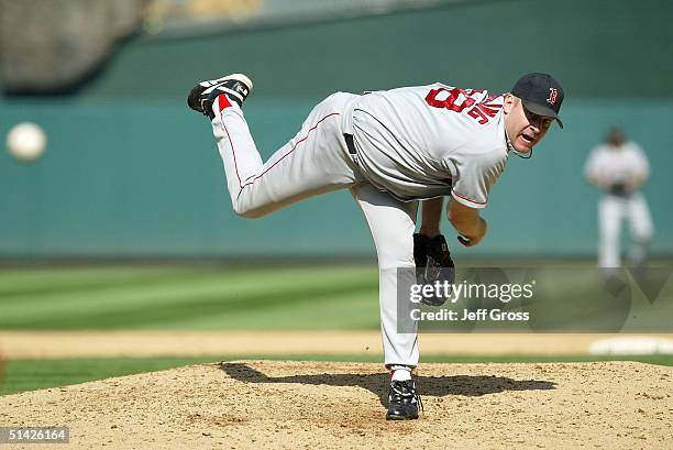 Pitcher Curt Schilling of the Boston Red Sox delivers a pitch against the Anaheim Angels during the second inning of the the American League Division...