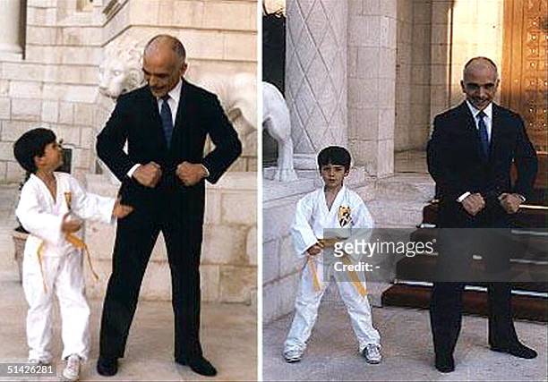 Undated files picture shows King Hussein practicing Taekwando with his son Hamzeh in Amman. Photo non datTe du roi Hussein de Jordanie et de son fils...