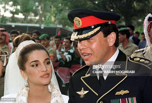 Picture dated 10 June 1993 shows Jordanian Crown Prince Abdullah and his wife Rania on their wedding day in Amman.