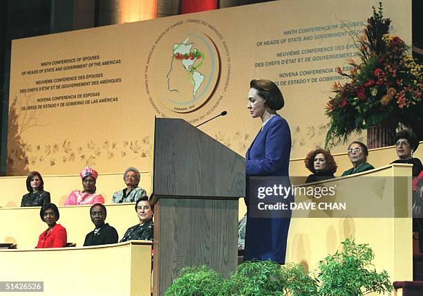 Aline Chretien, wife of Canadian Prime Minister Jean Chretien, delivers her speech at the opening of the Ninth Conference of Spouses of Heads of...