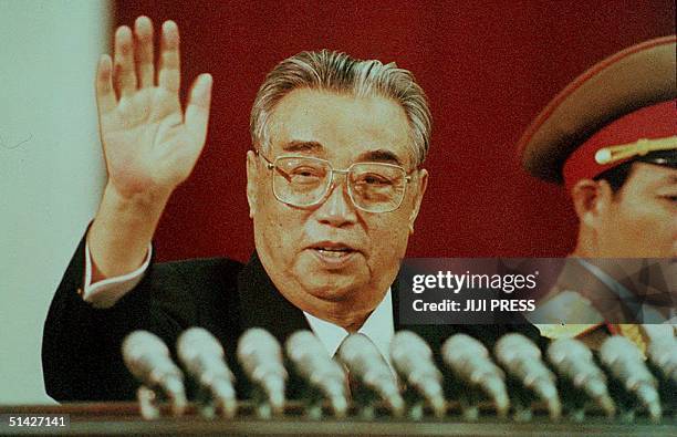 This file picture dated 15 April 1992 shows North Korean President Kim Il-Sung waving during the celebration marking his 80th birthday at Kim Il-Sung...