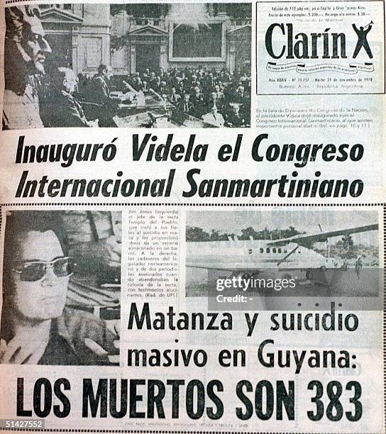This photo shows the 21 November 1978 cover of Clarin on the People's Temple mass suicide under Jim Jones. Portada del diario Clarin del 21 de...