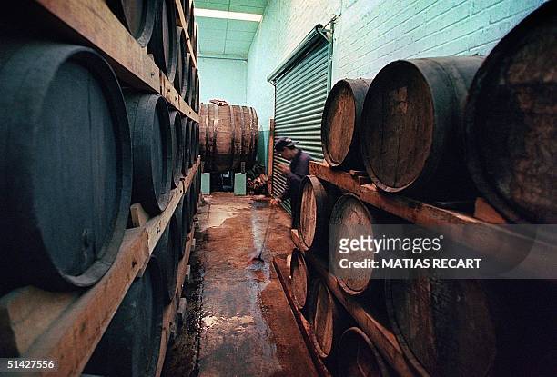 An employee of a tequila fctory in Guadalajara cleans the floor between barrels of tequila 20 August,...