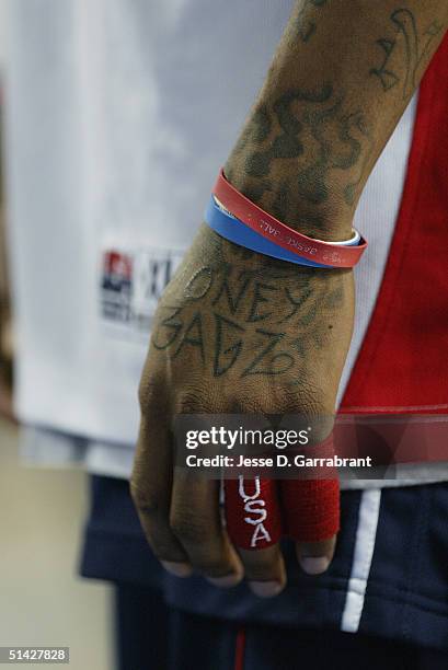 Detail view of a tattoo on the hand of Allen Iverson of the USA in the game against Argentina on August 27, 2004 during the Athens 2004 Summer...