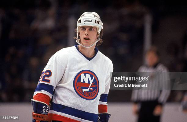 Mike Bossy of the New York Islanders skates during a game in 1984 at Nassau Veterans Memorial Coliseum in Uniondale, New York. Mike Bossy played for...