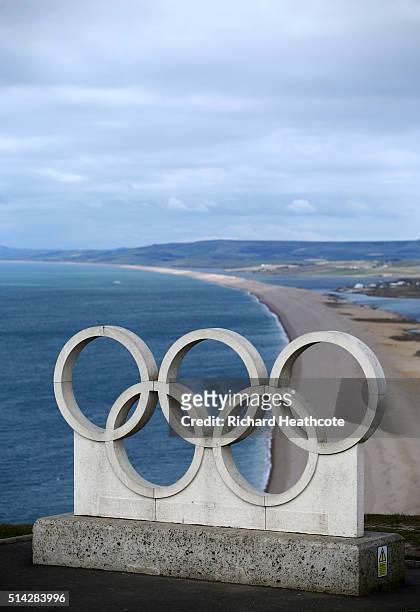 The Olympic Rings overlook Chesil Beach during a Team GB Sailing Announcement for the Rio 2016 Olympic Games on March 7, 2016 in Weymouth, England.