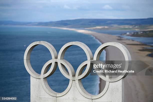 The Olympic Rings overlook Chesil Beach during a Team GB Sailing Announcement for the Rio 2016 Olympic Games on March 7, 2016 in Weymouth, England.