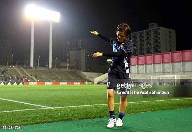 Aya Miyama of Japan leaves the pitch after the AFC Women's Olympic Final Qualification Round match between Vietnam and Japan at Kincho Stadium on...
