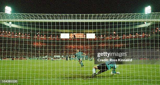 England player Gareth Southgate has his penalty saved by Germany goalkeeper Andreas Köpke during the penalty shoot out during the 1996 UEFA European...