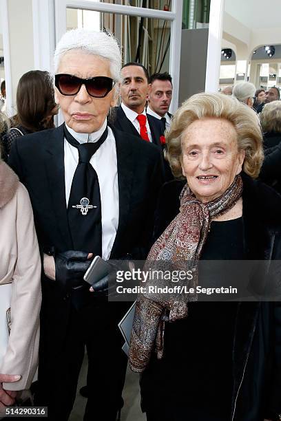 Stylist Karl Lagerfeld and Bernadette Chirac attend the Chanel show as part of the Paris Fashion Week Womenswear Fall/Winter 2016/2017 on March 8,...
