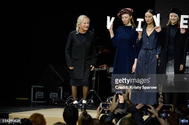 Agnes B. Acknowledges the audience during the Agnes B. Show as part of Paris Fashion Week Womenswear Fall/Winter 2016/2017 on March 8, 2016 in Paris,...