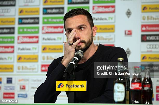 Martin Stranzl of Borussia Moenchengladbach shed a few tears during a press conference at Borussia-Park on March 08, 2016 in Moenchengladbach, Germany