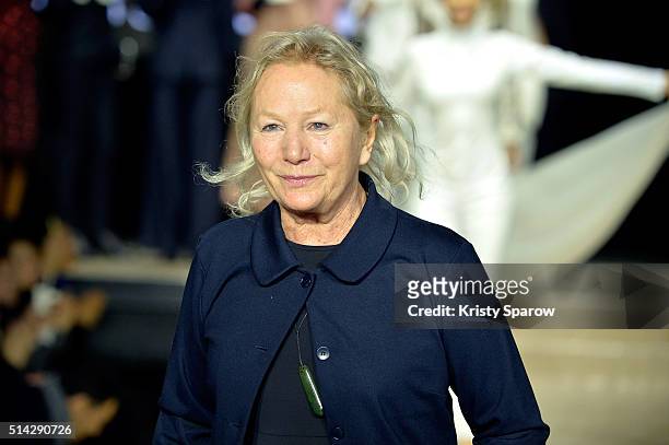 Agnes B. Acknowledges the audience during the Agnes B. Show as part of Paris Fashion Week Womenswear Fall/Winter 2016/2017 on March 8, 2016 in Paris,...