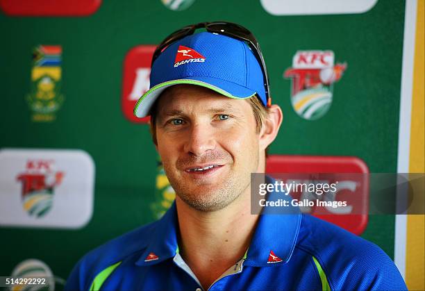 Shane Watson of Australia speaks during the Australian national cricket team Press Conference at PPC Newlands on March 08, 2016 in Cape Town, South...