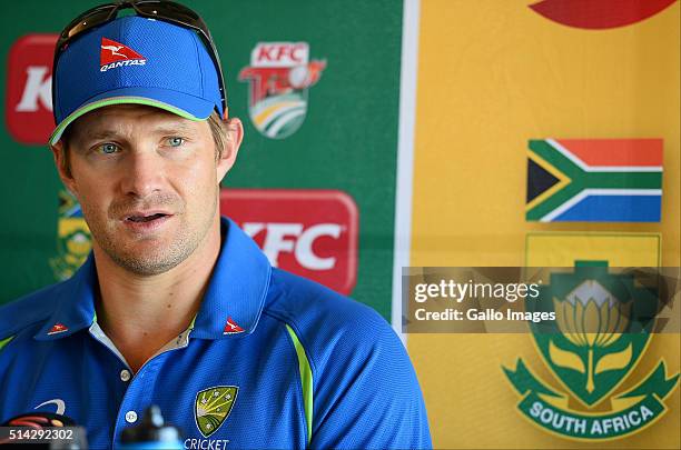 Shane Watson of Australia speaks during the Australian national cricket team Press Conference at PPC Newlands on March 08, 2016 in Cape Town, South...