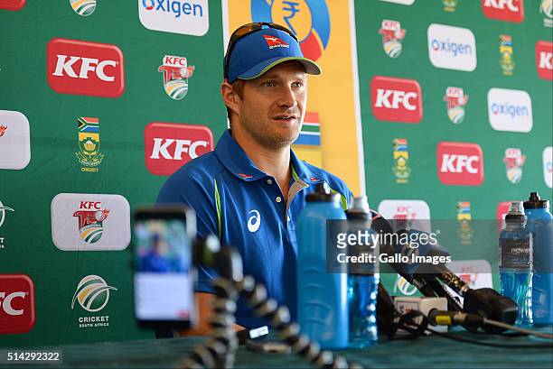 Shane Watson of Australia speaks during the Australian national cricket team Press Conference at PPC Newlands on March 08, 2016 in Cape Town, South...