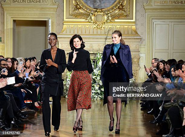 French fashion designer Vanessa Seward acknowledges the audience at the end of her 2016-2017 fall/winter ready-to-wear collection on March 8, 2016 in...