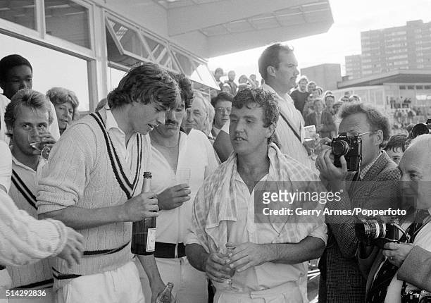 Warwickshire celebrate their victory over Yorkshire in the NatWest Trophy semi-Final at Edgbaston in Birmingham, 18th August 1982. David Smith, who...