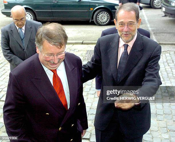 Spanish Javier Solana , EU High representative for Foreign Policy, is welcomed by Defence Minister Andre Flahaut prior to receiving the honorary...