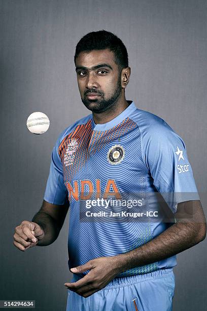 Ravichandran Ashwin poses during the India Headshots session ahead of the ICC Twenty20 World Cup on March 8, 2016 in Kolkata, India.