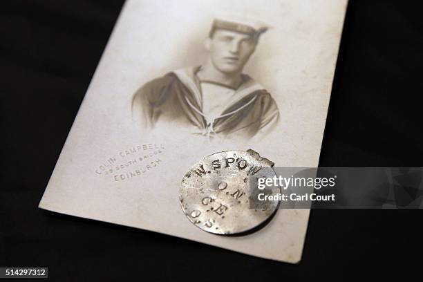 Dog tag and photo of World War One Royal Navy sailor William Henry Spowart is pictured during a press preview for the "Remembering 1916 - Life on the...