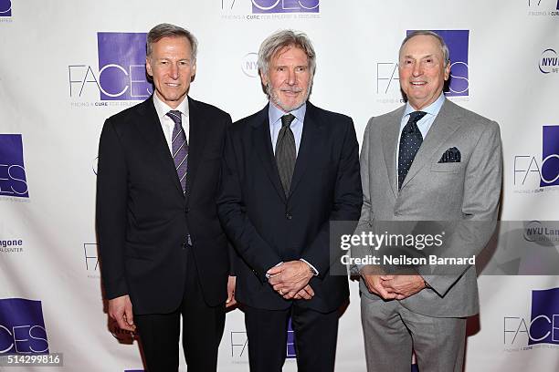 Orrin Devinsky, MD, actor and event chair Harrison Ford and Robert Grossman, MD attend NYU Langone Medical Center's 2016 FACES Gala on March 7, 2016...